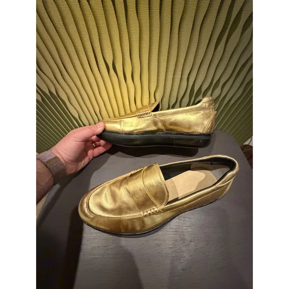 Rare Y-3 Yohji Yamamoto Gold Metallic Leather PLoafers Rare UK‎ 6.5 Mens 7.5